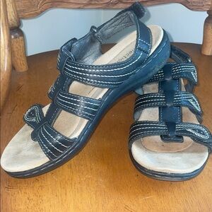 Clarks Black Sandals with Cream Stitching